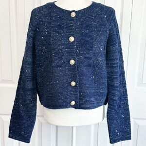 POL Navy Blue Hailee Sparkle Textured Sequin Cardigan Sweater Small